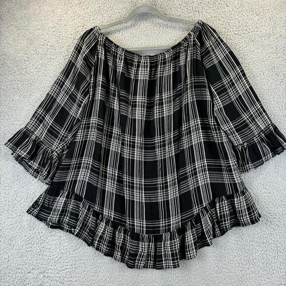 Beach Lunch Lounge Sheetal Top XL Boho Feminine Plaid Off Shoulder Tunic Ruffle - Picture 11 of 12